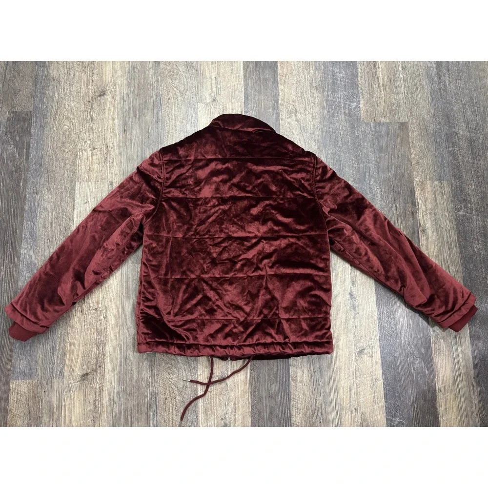 Forever 21 Men Burgundy Velvet Puffer Jacket Wine Red Quilted Zip Up Medium - Picture 6 of 6